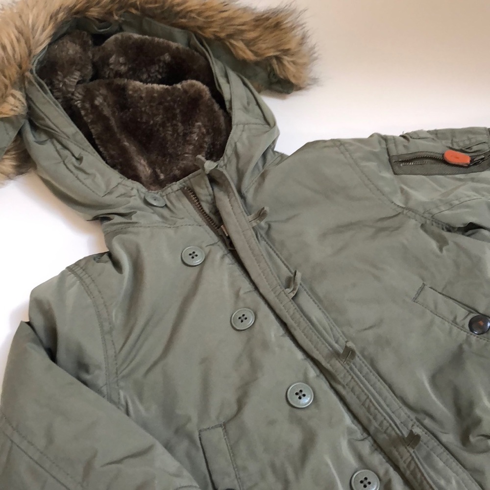 Gap Military Green Boys Faux Fur Hooded Jacket